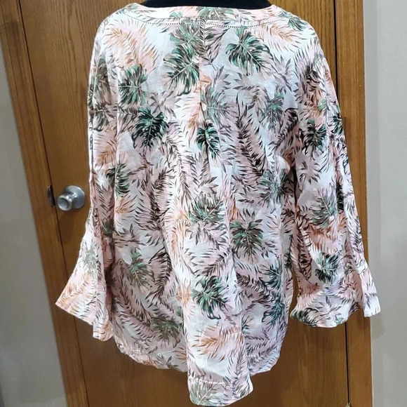 J Jill love linen NWT ruffle cuff vneck tunic floral palms top pink green - Picture 5 of 6